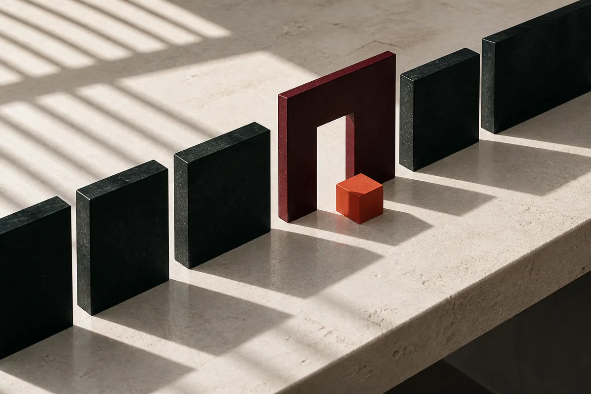 Stone table with dark blocks, a maroon threshold and a cinnabar piece