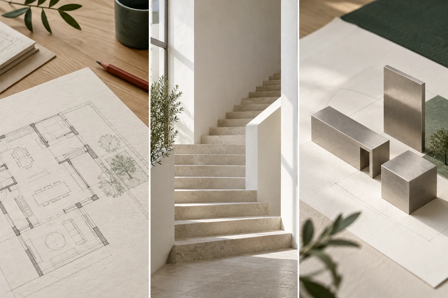 Plano de arquitectura sobre una mesa de madera clara